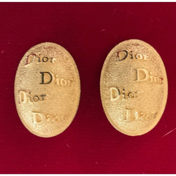 Christian Dior Vintage Logo Gold Oval Clip On Earrings